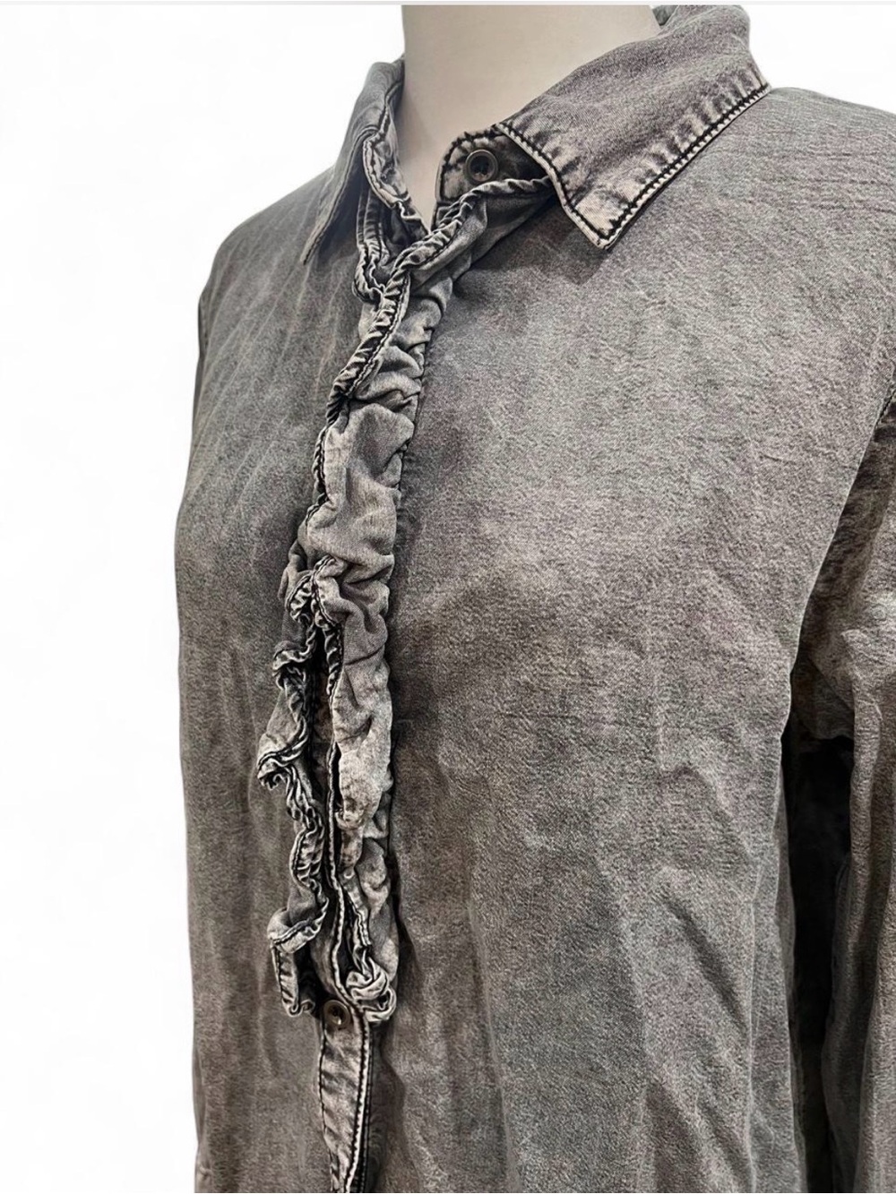 Women’s Ruffle-Front Button-Down Shirt - Gray - Picture 2 of 7